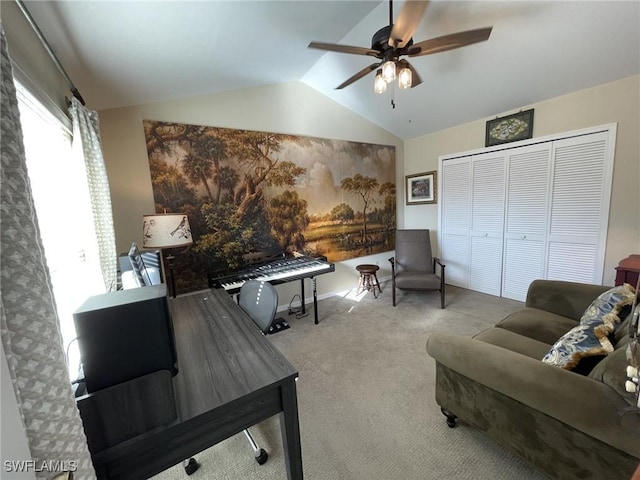 living room featuring light carpet, vaulted ceiling, and ceiling fan