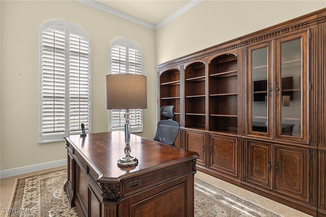 tiled office with crown molding