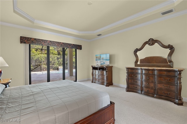 bedroom featuring light carpet, access to exterior, and a raised ceiling