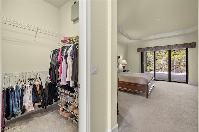 interior space with access to outside, light carpet, and crown molding