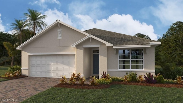 ranch-style home with a garage and a front lawn