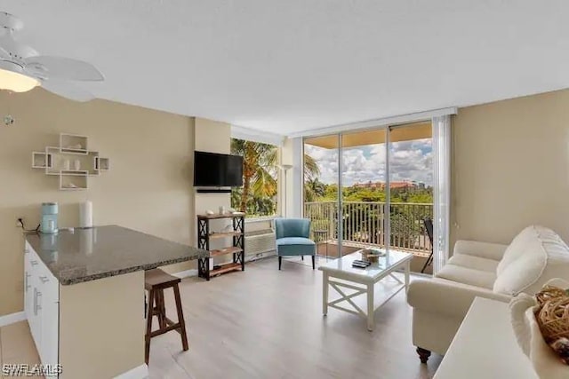 living room with ceiling fan, expansive windows, and light hardwood / wood-style flooring