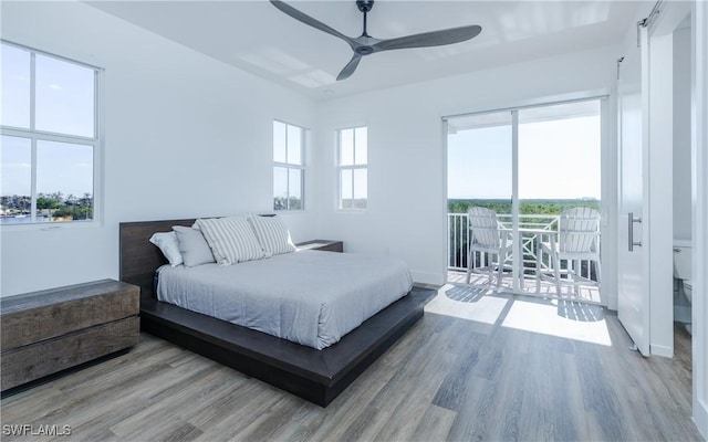 bedroom with access to exterior, multiple windows, ceiling fan, and hardwood / wood-style flooring