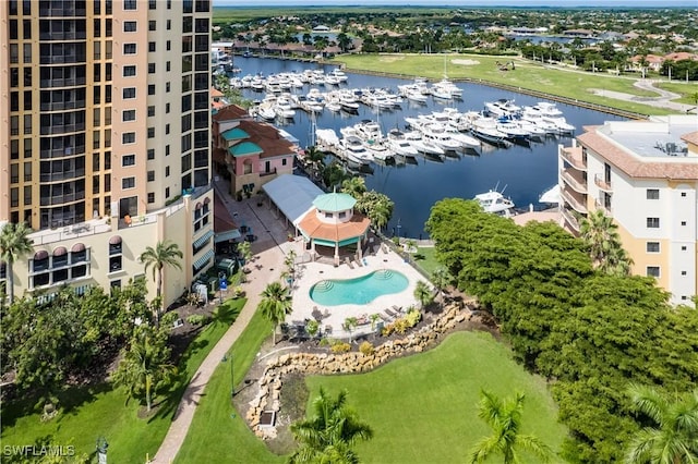 birds eye view of property featuring a water view