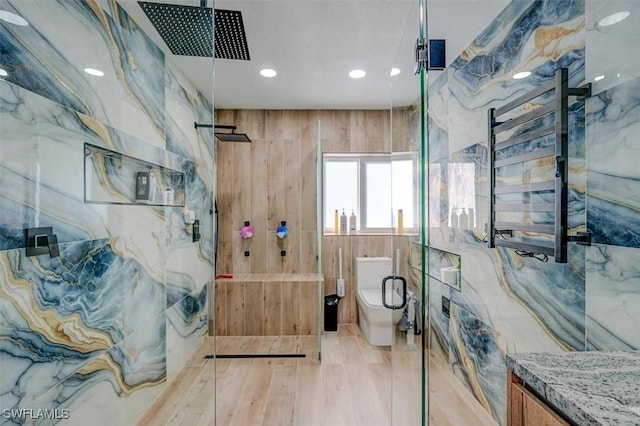 bathroom with a shower with door, vanity, tile walls, and toilet