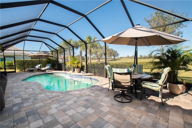 view of swimming pool featuring a lanai and a patio