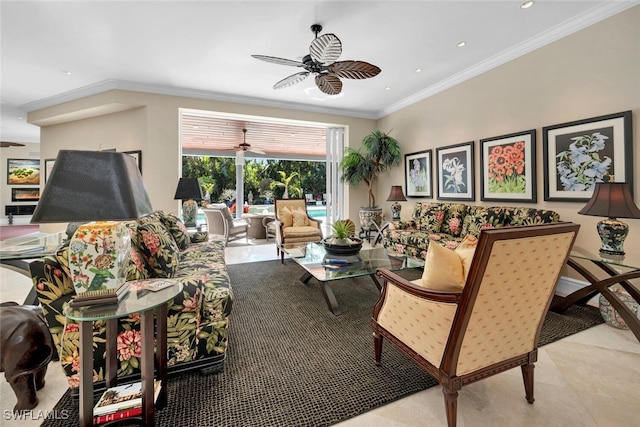 tiled living room featuring ornamental molding