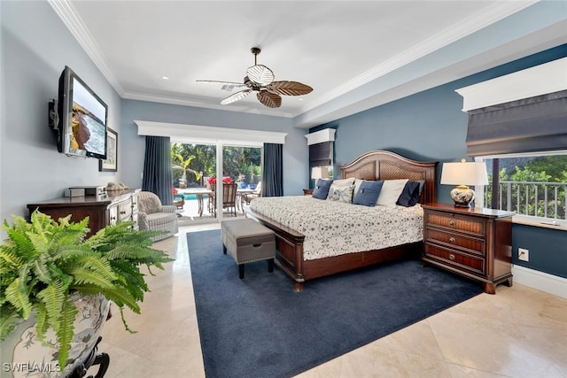 tiled bedroom with ceiling fan, access to exterior, and crown molding