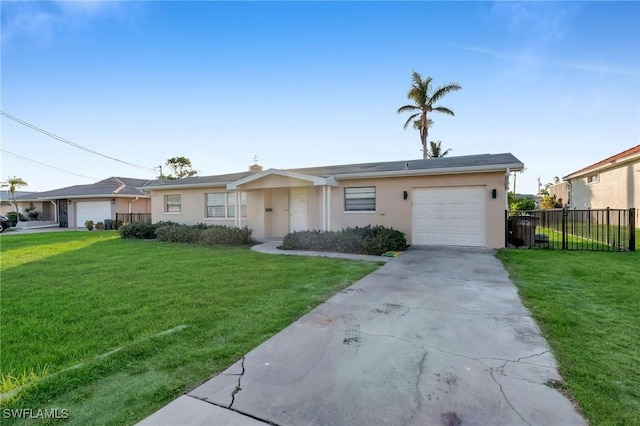 ranch-style house featuring a garage and a front yard