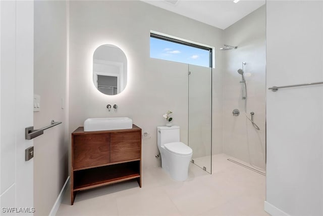 full bath with walk in shower, vanity, and toilet