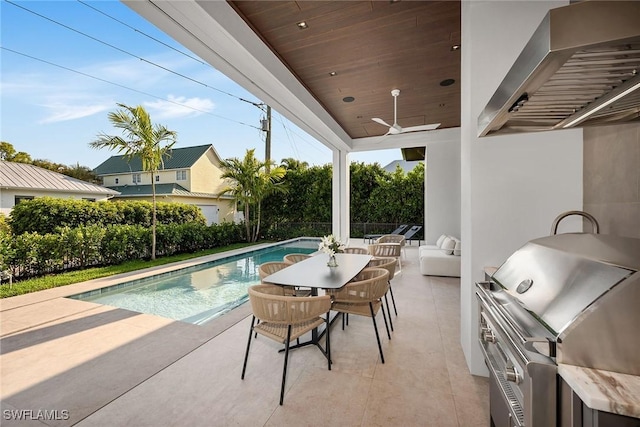 view of swimming pool with a grill, a fenced in pool, a patio, and ceiling fan