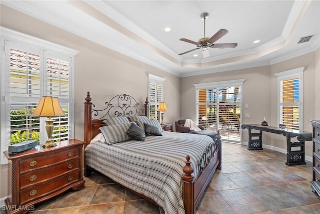 bedroom with access to outside, a raised ceiling, ceiling fan, and ornamental molding