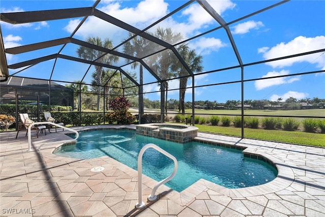 view of pool with a lanai, an in ground hot tub, and a patio