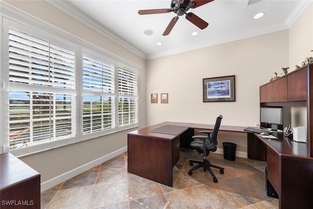 office featuring ceiling fan and ornamental molding