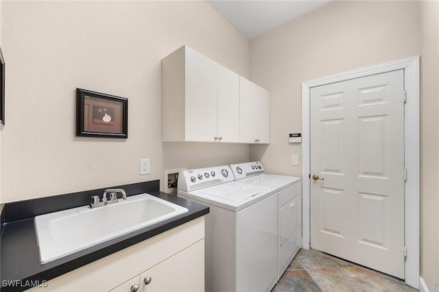 laundry area with washer and clothes dryer, sink, and cabinets