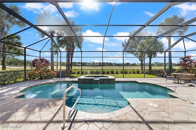 view of swimming pool featuring glass enclosure, an in ground hot tub, a patio area, and cooling unit