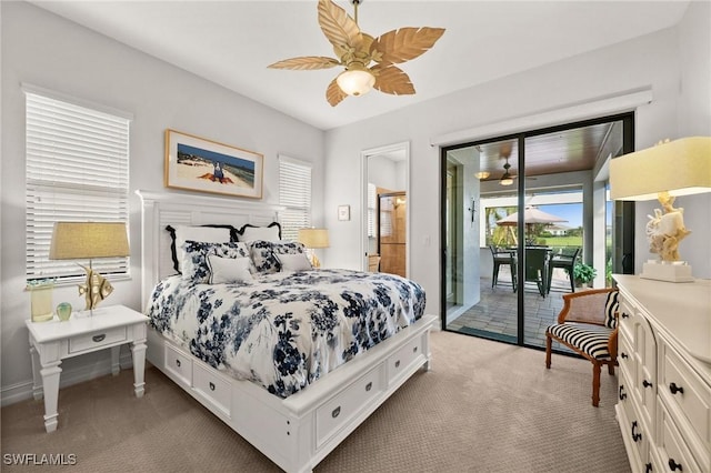 bedroom with access to exterior, ceiling fan, and light colored carpet