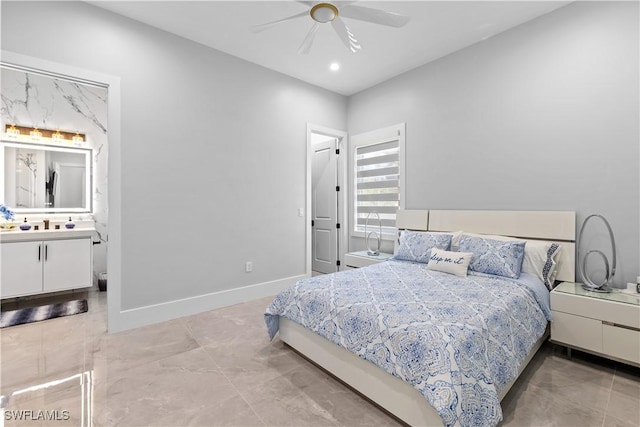 bedroom with connected bathroom and ceiling fan