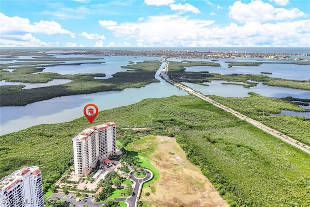 aerial view featuring a water view