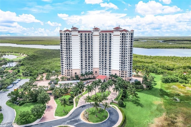 drone / aerial view featuring a water view