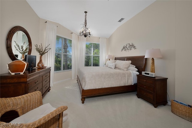 carpeted bedroom featuring vaulted ceiling and a notable chandelier