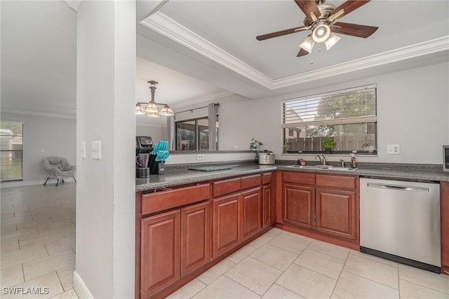 kitchen with dishwasher, light tile patterned floors, sink, and ornamental molding