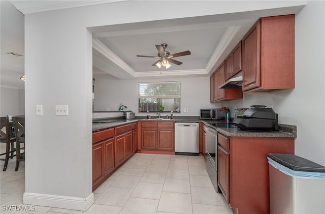 kitchen featuring appliances with stainless steel finishes, ceiling fan, crown molding, sink, and light tile patterned floors