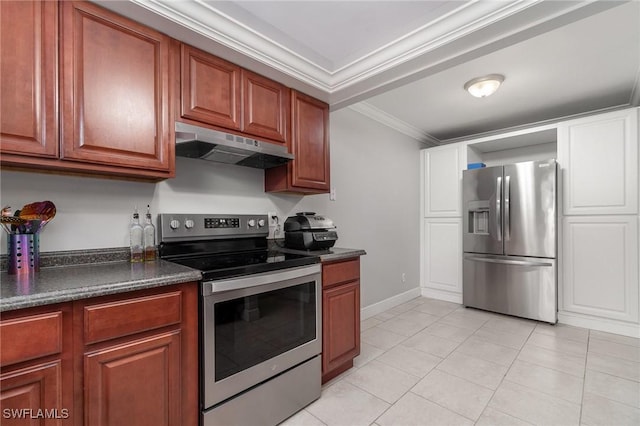 kitchen with light tile patterned flooring, crown molding, and appliances with stainless steel finishes