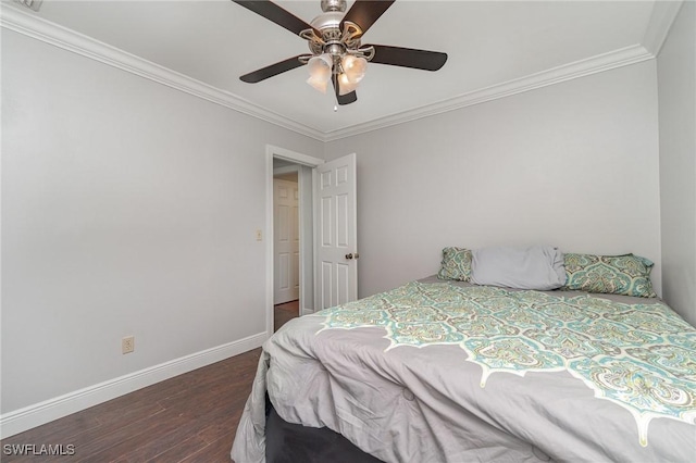 bedroom with ornamental molding, ceiling fan, and dark wood-type flooring