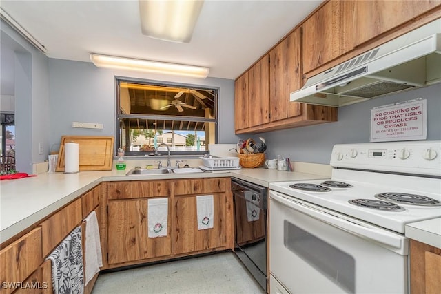 kitchen featuring black dishwasher, white electric stove, and sink