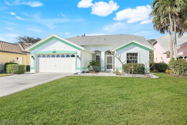 ranch-style house featuring a garage and a front lawn