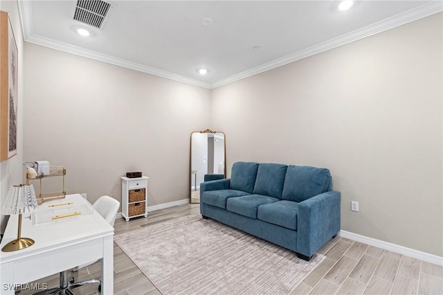 office space featuring hardwood / wood-style floors and ornamental molding