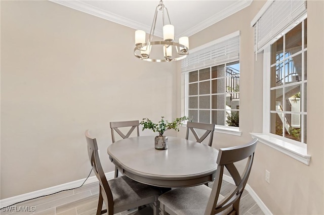 dining area with light wood-type flooring, a wealth of natural light, and a notable chandelier