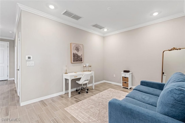 home office featuring light hardwood / wood-style flooring and ornamental molding