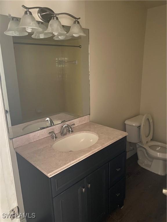 bathroom featuring hardwood / wood-style floors, vanity, and toilet