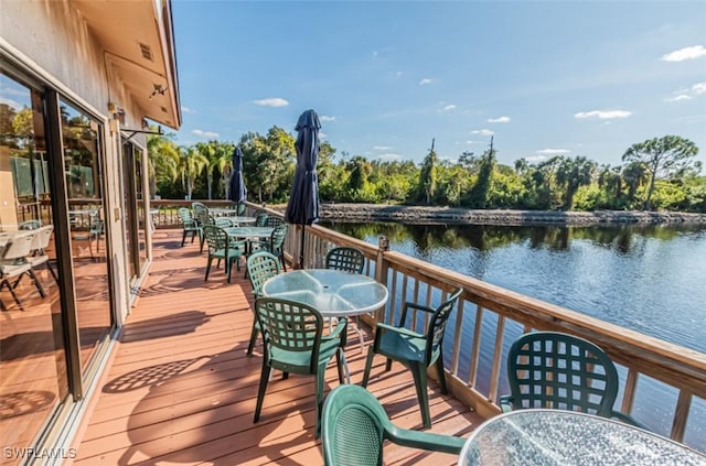 wooden terrace featuring a water view