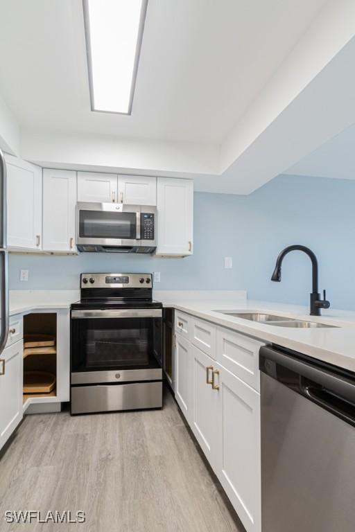 kitchen featuring sink, stainless steel appliances, white cabinets, and light wood-type flooring