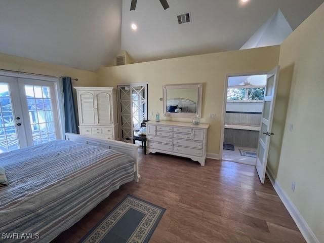 bedroom featuring french doors, access to outside, ceiling fan, dark wood-type flooring, and high vaulted ceiling