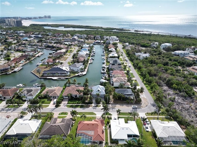 drone / aerial view featuring a water view