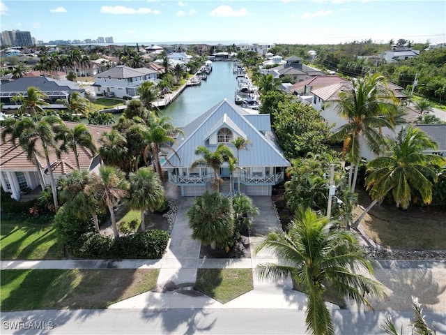 aerial view featuring a water view