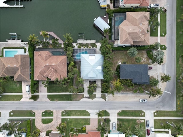 aerial view featuring a water view