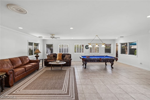 rec room with ceiling fan, light tile patterned floors, ornamental molding, and billiards