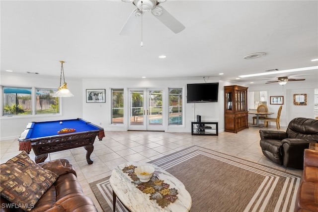 playroom with light tile patterned floors, ceiling fan, french doors, and pool table