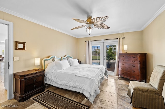 bedroom featuring french doors, access to outside, ceiling fan, and crown molding