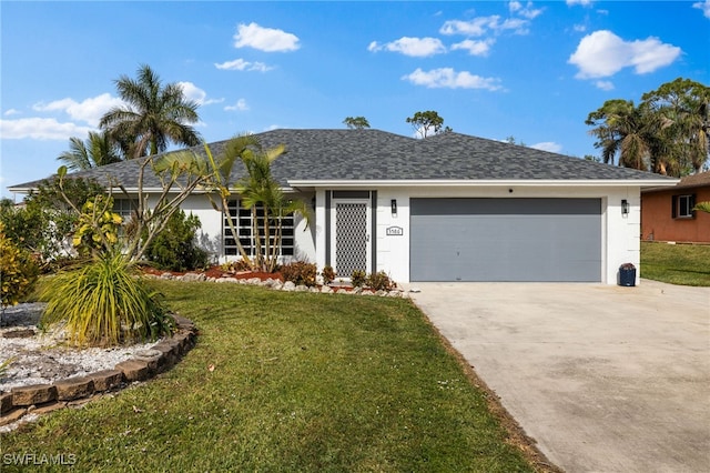 ranch-style house with stucco siding, a shingled roof, concrete driveway, a garage, and a front lawn