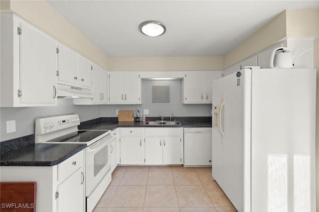 kitchen featuring sink, white cabinets, white appliances, and light tile patterned floors