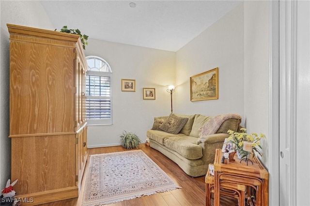 living room with light wood-type flooring and vaulted ceiling