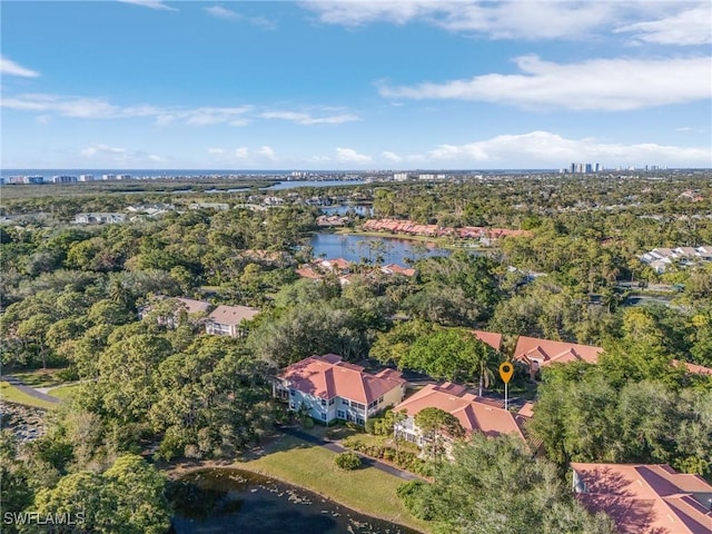 bird's eye view with a water view