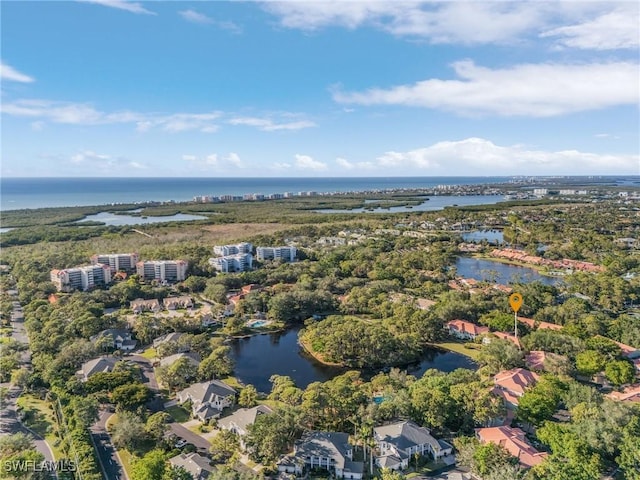 drone / aerial view featuring a water view