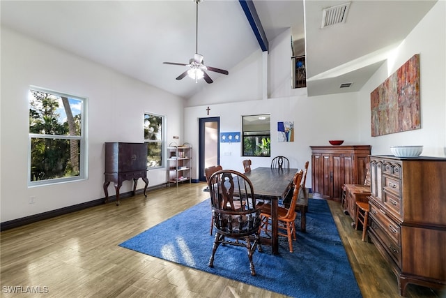 dining room featuring baseboards, visible vents, wood finished floors, high vaulted ceiling, and beam ceiling